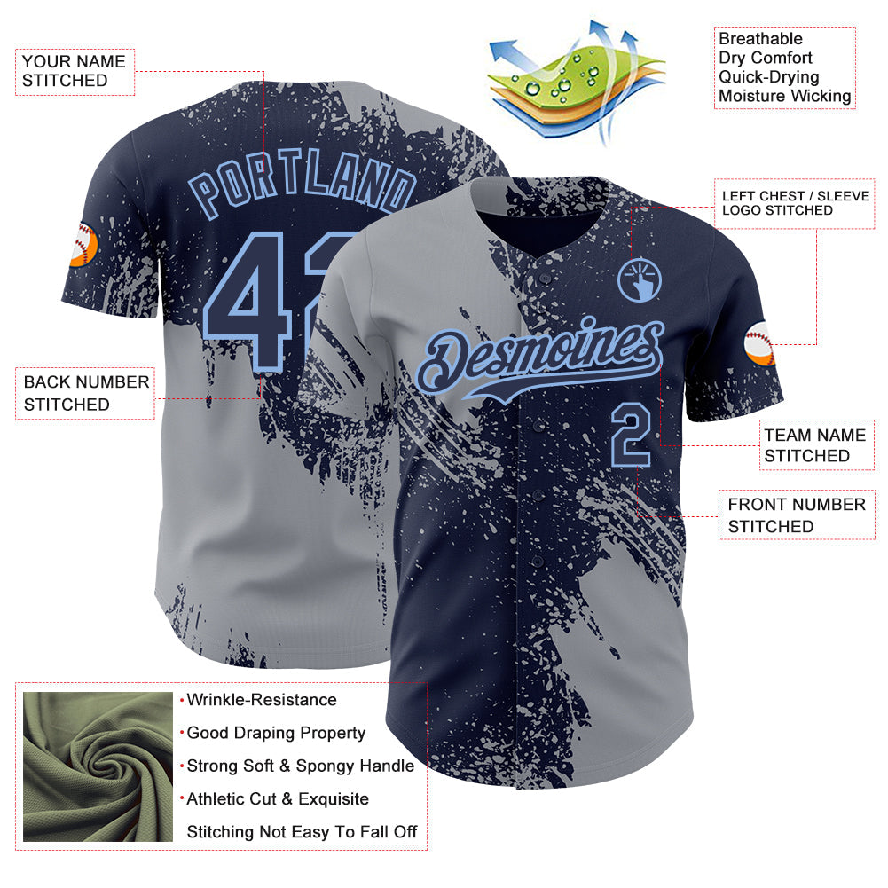 Custom Navy Gray-Light Blue Abstract Brush Stroke Authentic Baseball Jersey view 3