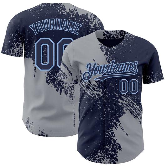Custom Navy Gray-Light Blue Abstract Brush Stroke Authentic Baseball Jersey - Main View