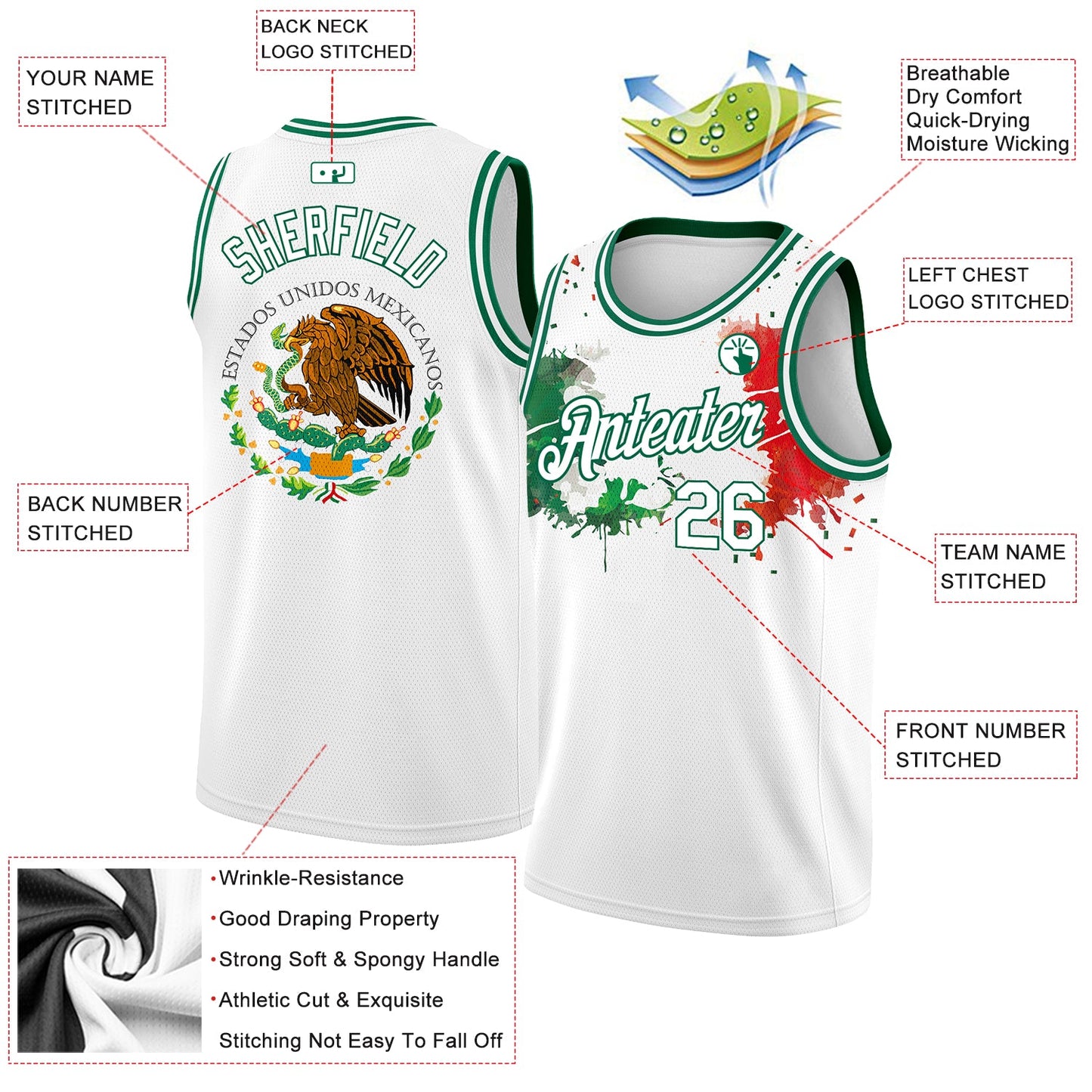 Custom White Kelly Green-Red 3D Mexican Flag Splashes Authentic Basketball Jersey view 2