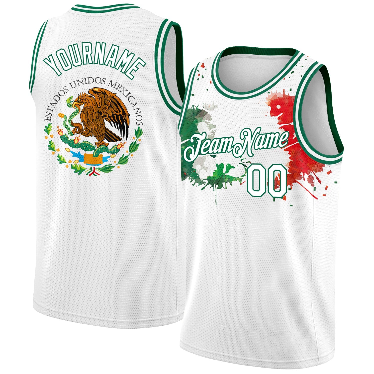 Custom White Kelly Green-Red 3D Mexican Flag Splashes Authentic Basketball Jersey - Main View