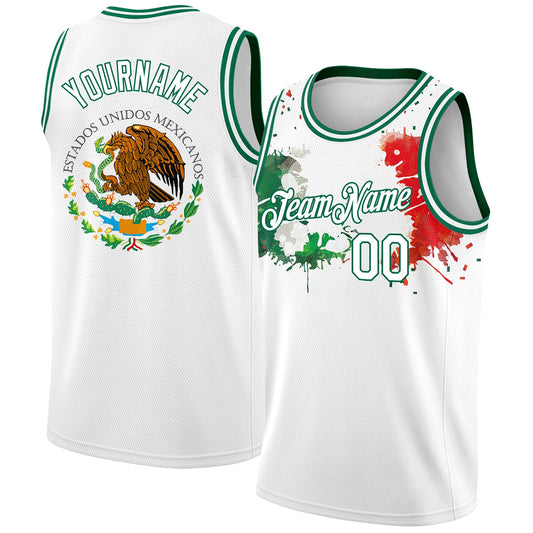 Custom White Kelly Green-Red 3D Mexican Flag Splashes Authentic Basketball Jersey - Main View