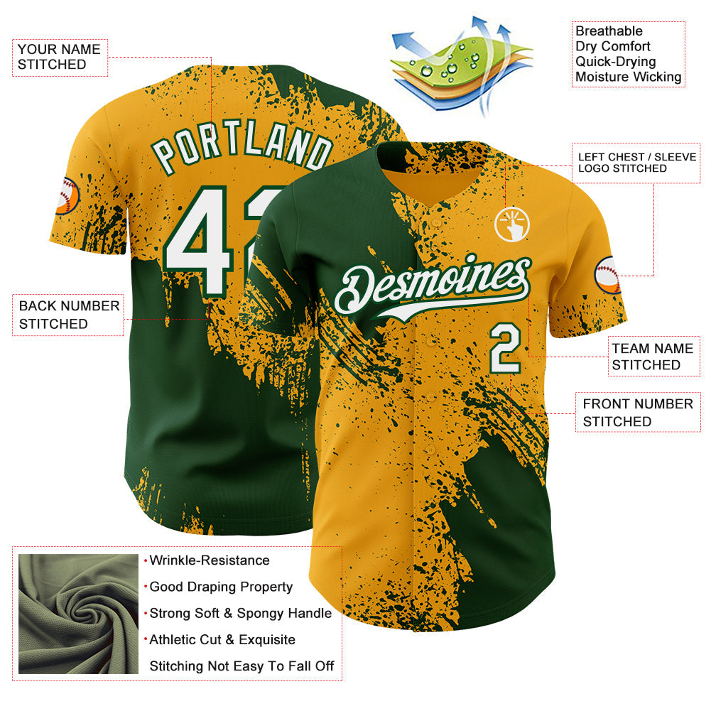 Custom Gold White-Green Abstract Brush Stroke Authentic Baseball Jersey view 3