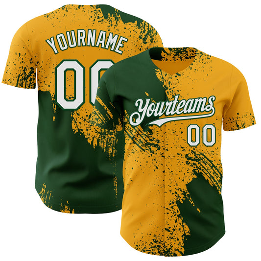 Custom Gold White-Green Abstract Brush Stroke Authentic Baseball Jersey - Main View