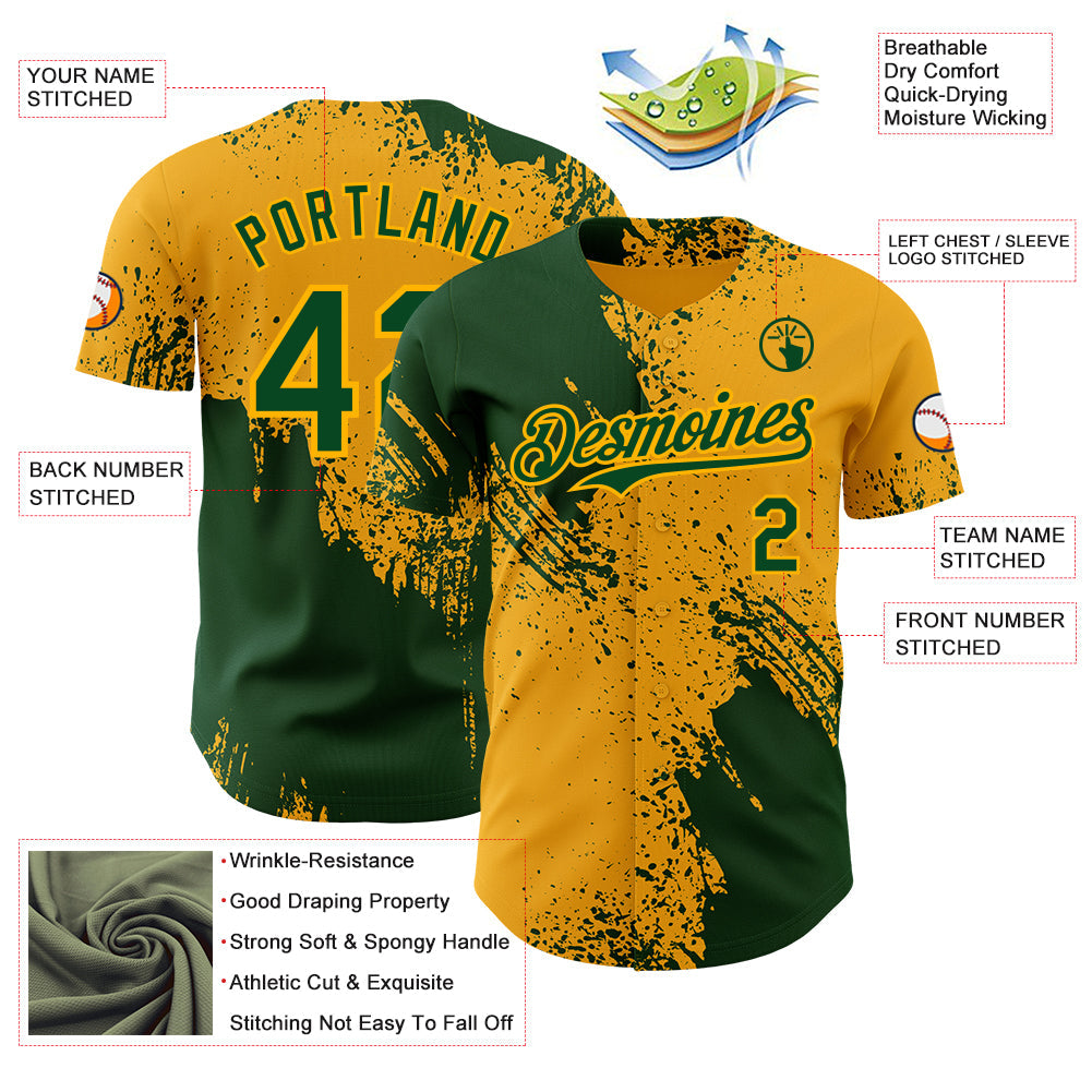 Custom Gold-Green Abstract Brush Stroke Authentic Baseball Jersey view 3