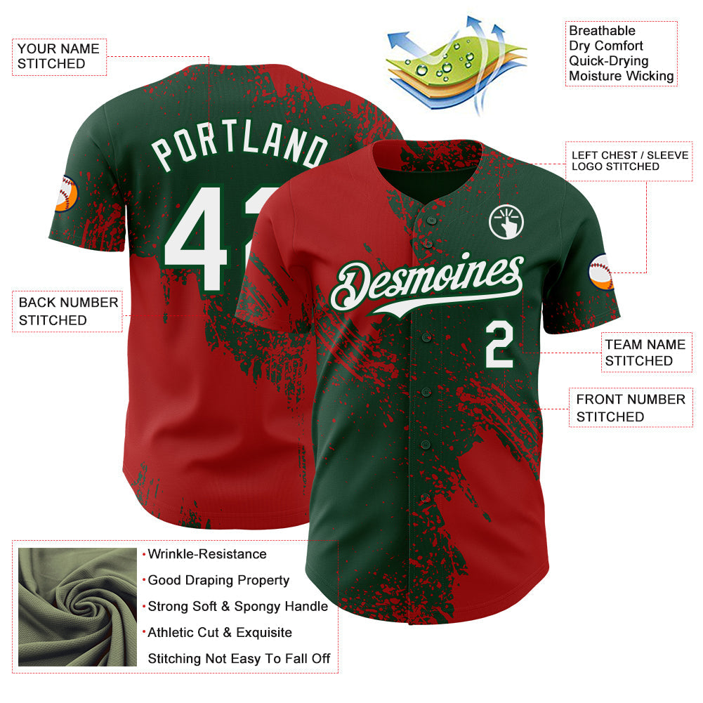 Custom Green White-Red Abstract Brush Stroke Authentic Baseball Jersey view 3