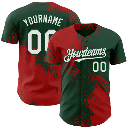 Custom Green White-Red Abstract Brush Stroke Authentic Baseball Jersey - Main View