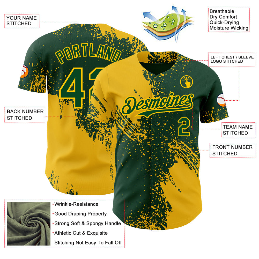 Custom Green-Yellow Abstract Brush Stroke Authentic Baseball Jersey view 3