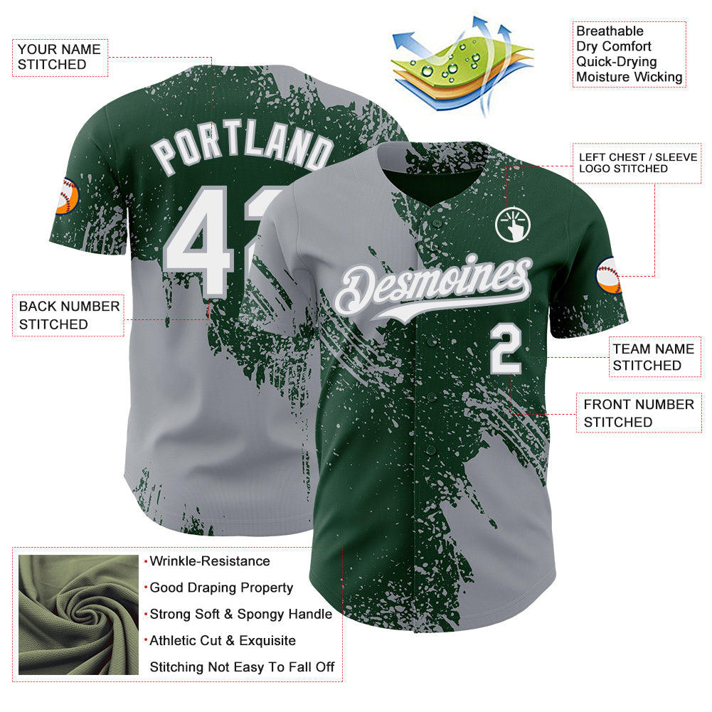 Custom Green White-Gray Abstract Brush Stroke Authentic Baseball Jersey view 3
