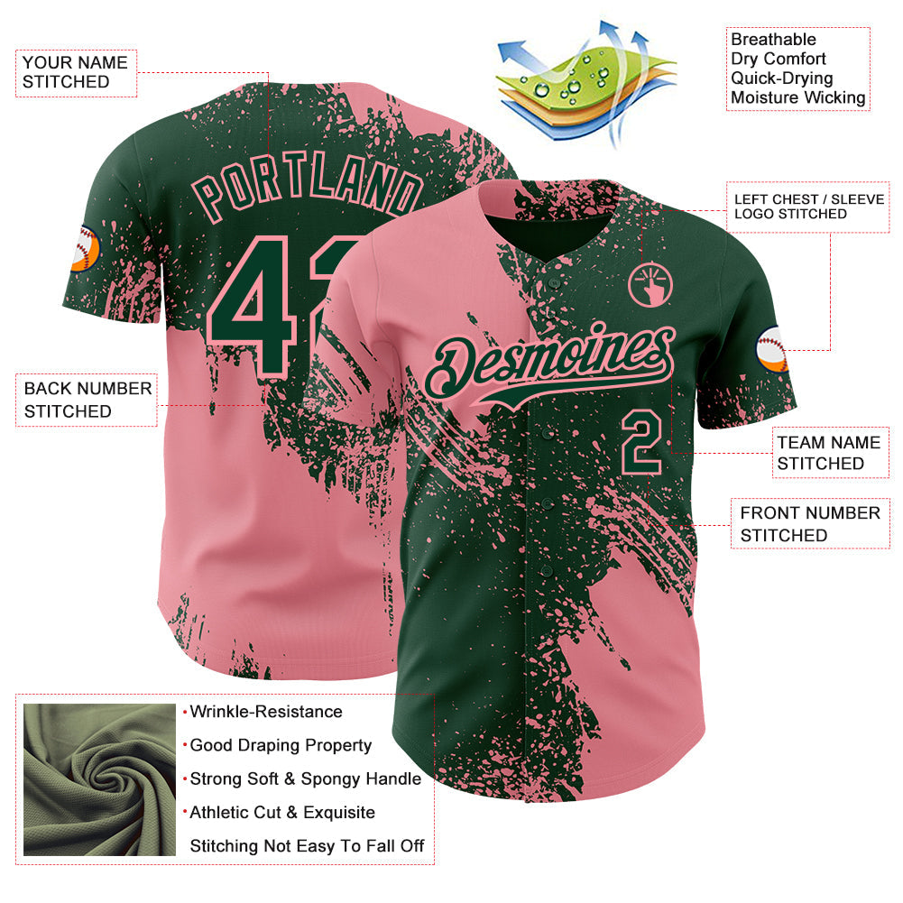 Custom Green-Medium Pink Abstract Brush Stroke Authentic Baseball Jersey view 3