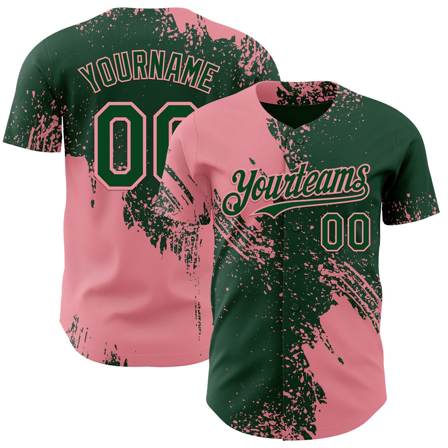 Custom Green-Medium Pink Abstract Brush Stroke Authentic Baseball Jersey - Main View