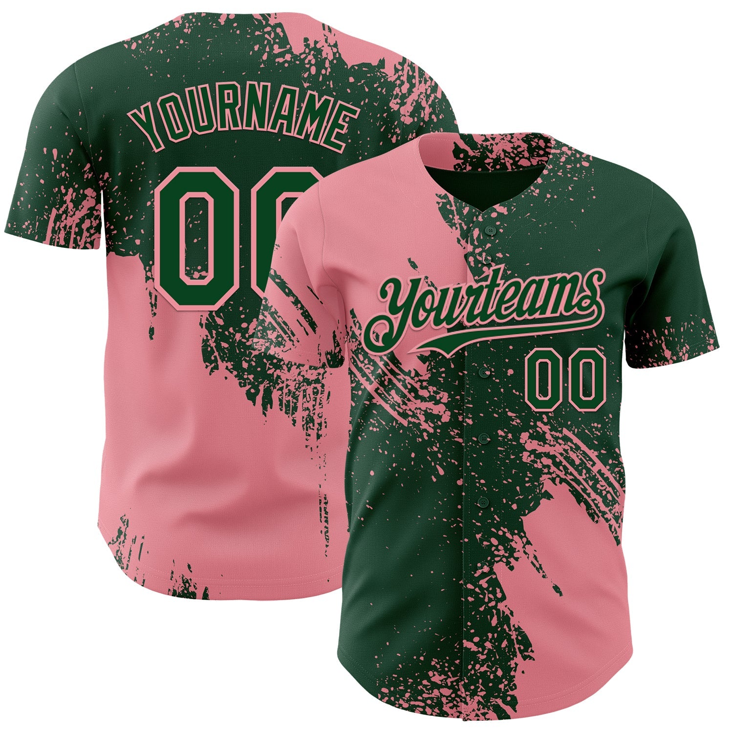 Custom Green-Medium Pink Abstract Brush Stroke Authentic Baseball Jersey - Main View