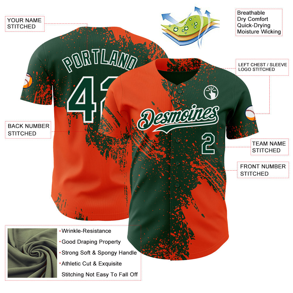 Custom Green Orange-White Abstract Brush Stroke Authentic Baseball Jersey view 3