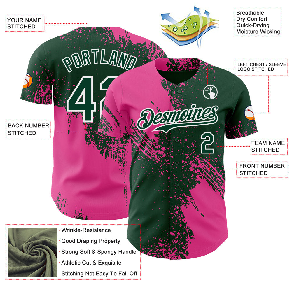 Custom Green Pink-White Abstract Brush Stroke Authentic Baseball Jersey view 3