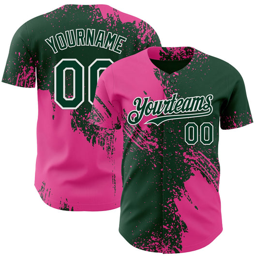 Custom Green Pink-White Abstract Brush Stroke Authentic Baseball Jersey - Main View