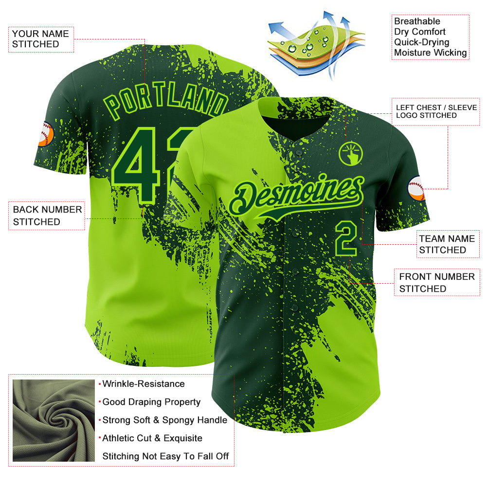 Custom Green-Neon Green Abstract Brush Stroke Authentic Baseball Jersey view 3