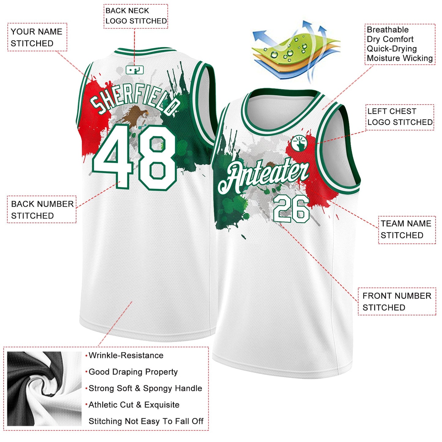 Custom White Kelly Green-Red 3D Mexico Splashes Authentic Basketball Jersey view 2