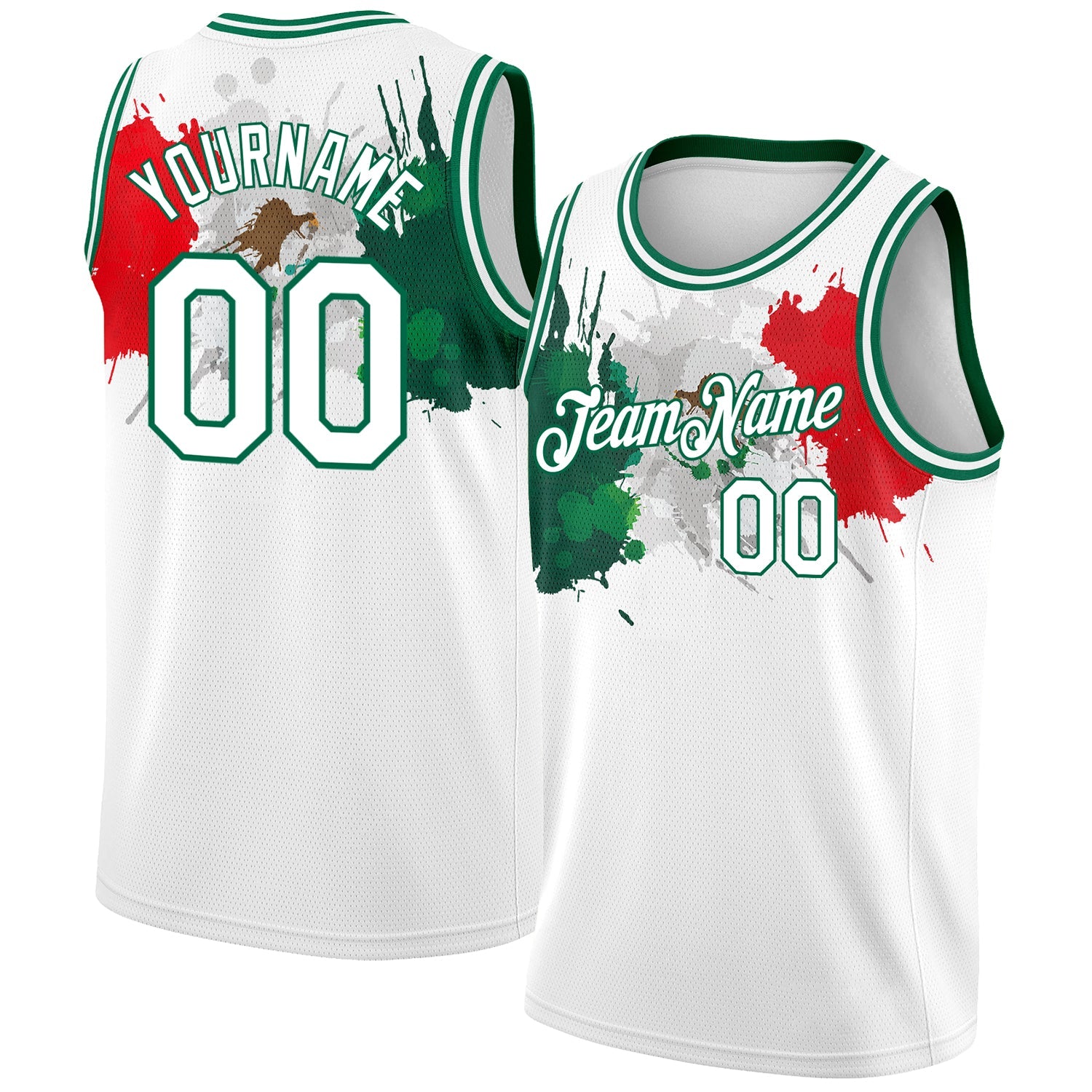 Custom White Kelly Green-Red 3D Mexico Splashes Authentic Basketball Jersey - Main View