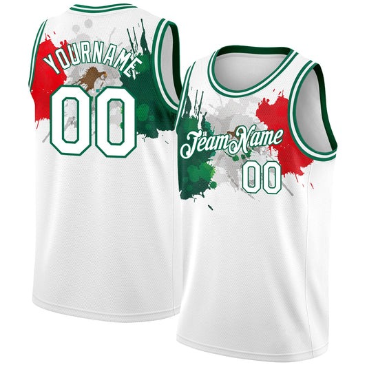 Custom White Kelly Green-Red 3D Mexico Splashes Authentic Basketball Jersey - Main View