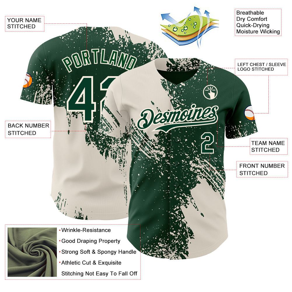 Custom Green-Cream Abstract Brush Stroke Authentic Baseball Jersey view 3