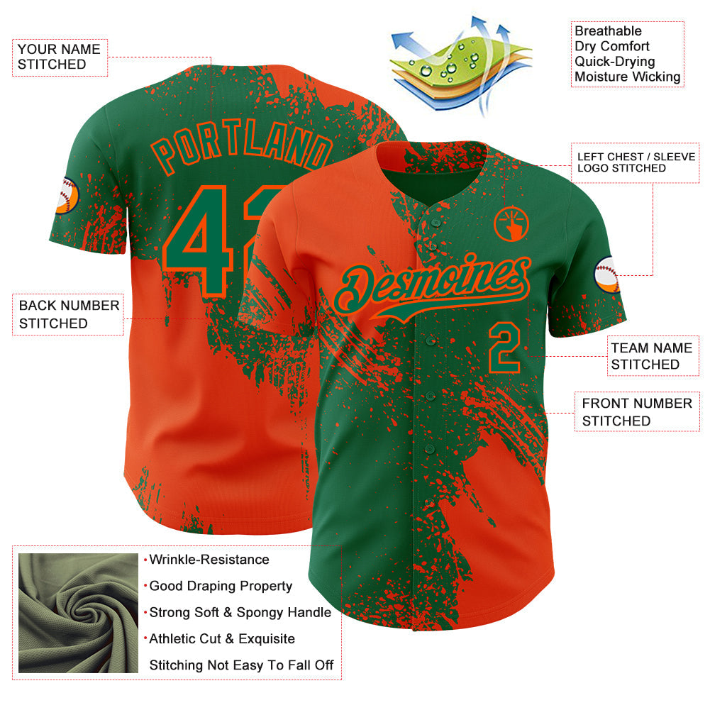 Custom Kelly Green-Orange Abstract Brush Stroke Authentic Baseball Jersey view 3