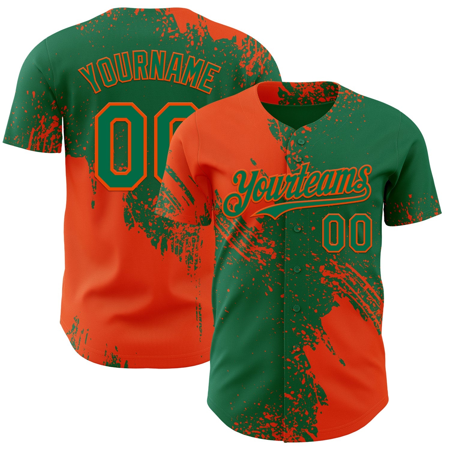 Custom Kelly Green-Orange Abstract Brush Stroke Authentic Baseball Jersey - Main View