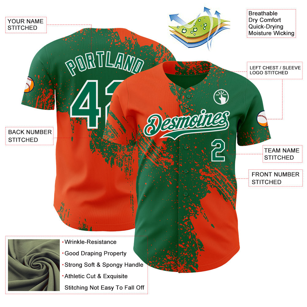 Custom Kelly Green Orange-White Abstract Brush Stroke Authentic Baseball Jersey view 3