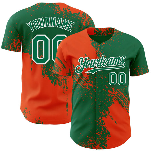 Custom Kelly Green Orange-White Abstract Brush Stroke Authentic Baseball Jersey - Main View