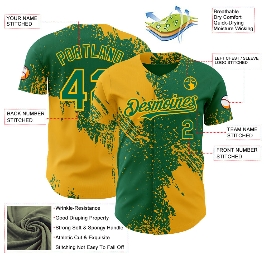 Custom Kelly Green-Gold Abstract Brush Stroke Authentic Baseball Jersey view 3