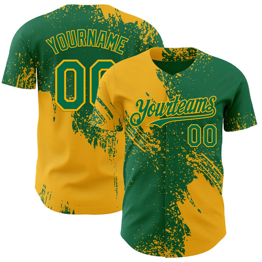 Custom Kelly Green-Gold Abstract Brush Stroke Authentic Baseball Jersey - Main View