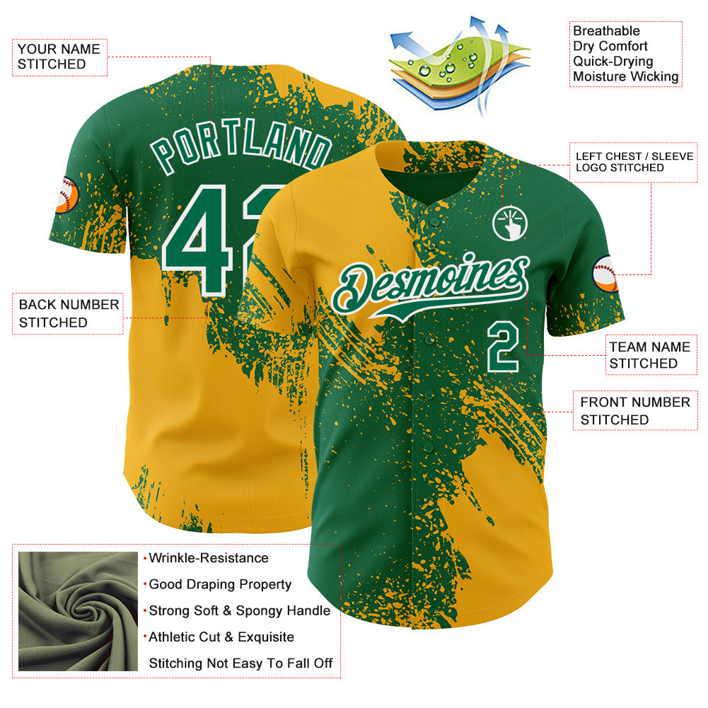 Custom Kelly Green Gold-White Abstract Brush Stroke Authentic Baseball Jersey view 3