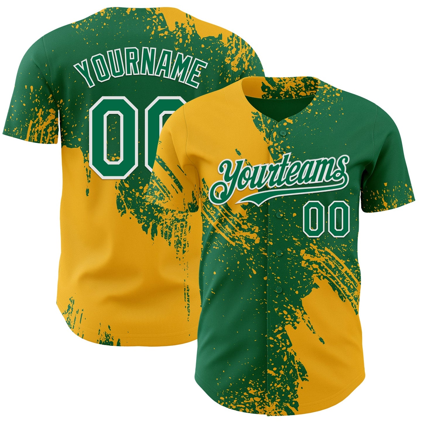 Custom Kelly Green Gold-White Abstract Brush Stroke Authentic Baseball Jersey - Main View