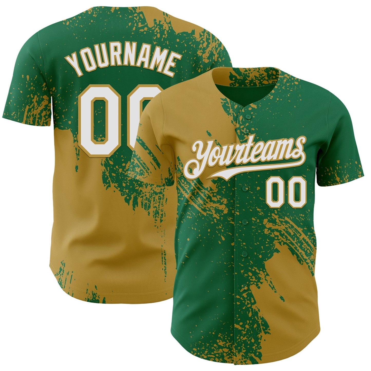 Custom Kelly Green White-Old Gold Abstract Brush Stroke Authentic Baseball Jersey - Main View
