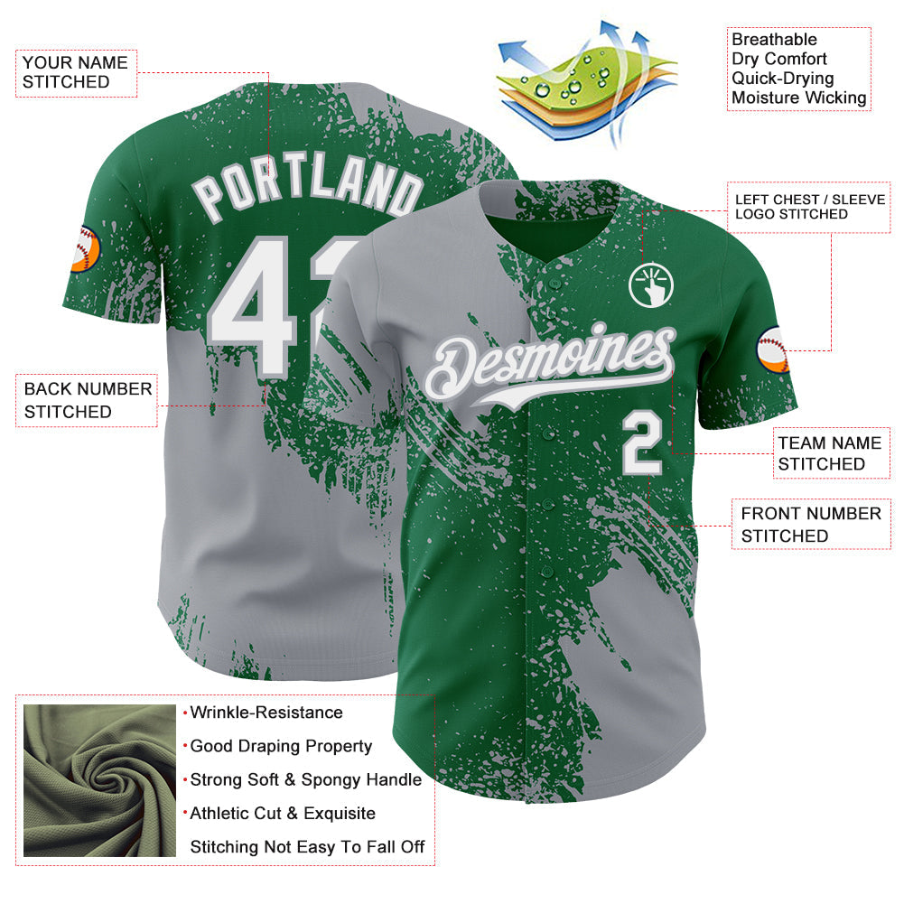 Custom Kelly Green White-Gray Abstract Brush Stroke Authentic Baseball Jersey view 3