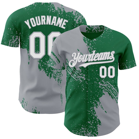 Custom Kelly Green White-Gray Abstract Brush Stroke Authentic Baseball Jersey - Main View