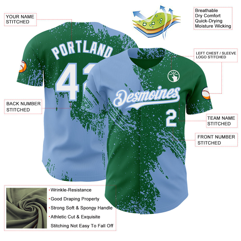 Custom Kelly Green White-Light Blue Abstract Brush Stroke Authentic Baseball Jersey view 3