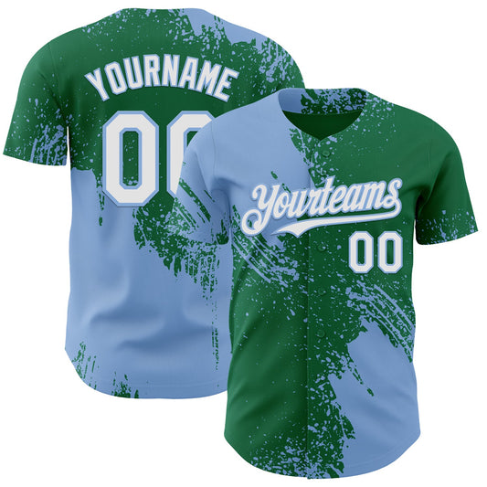 Custom Kelly Green White-Light Blue Abstract Brush Stroke Authentic Baseball Jersey - Main View