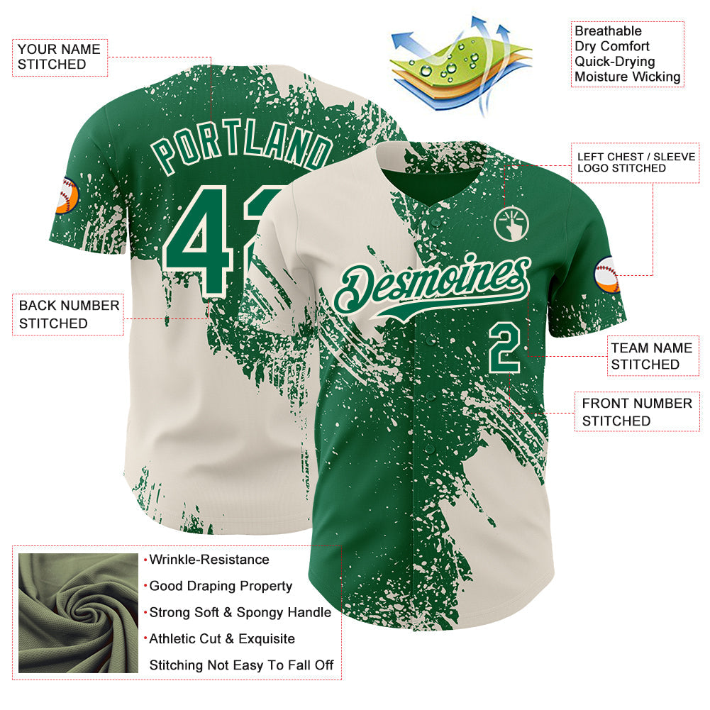 Custom Kelly Green-Cream Abstract Brush Stroke Authentic Baseball Jersey view 3