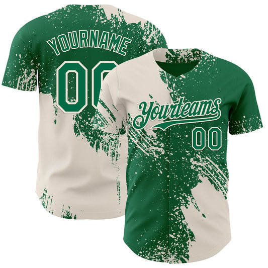 Custom Kelly Green-Cream Abstract Brush Stroke Authentic Baseball Jersey - Main View