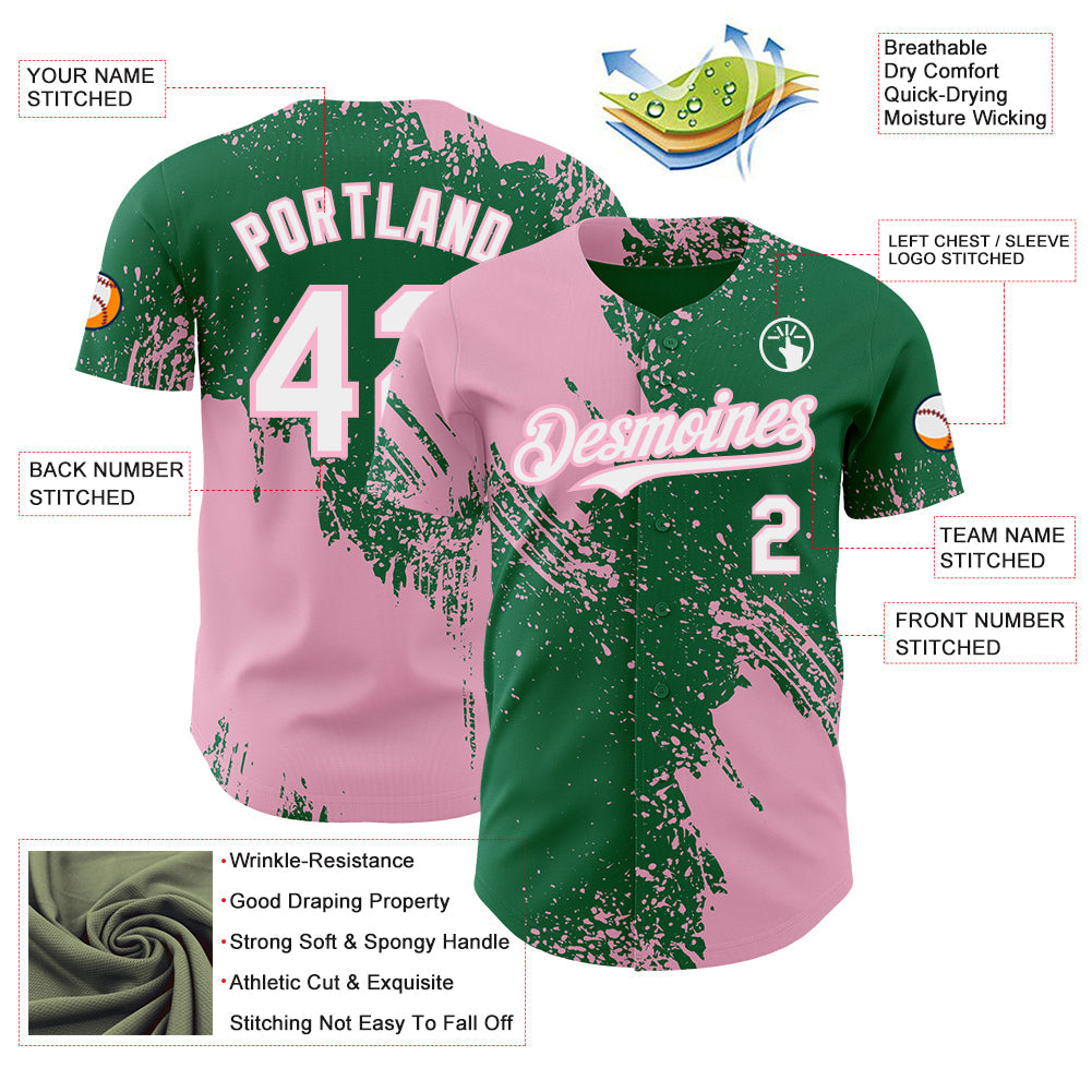 Custom Kelly Green White-Light Pink Abstract Brush Stroke Authentic Baseball Jersey view 3