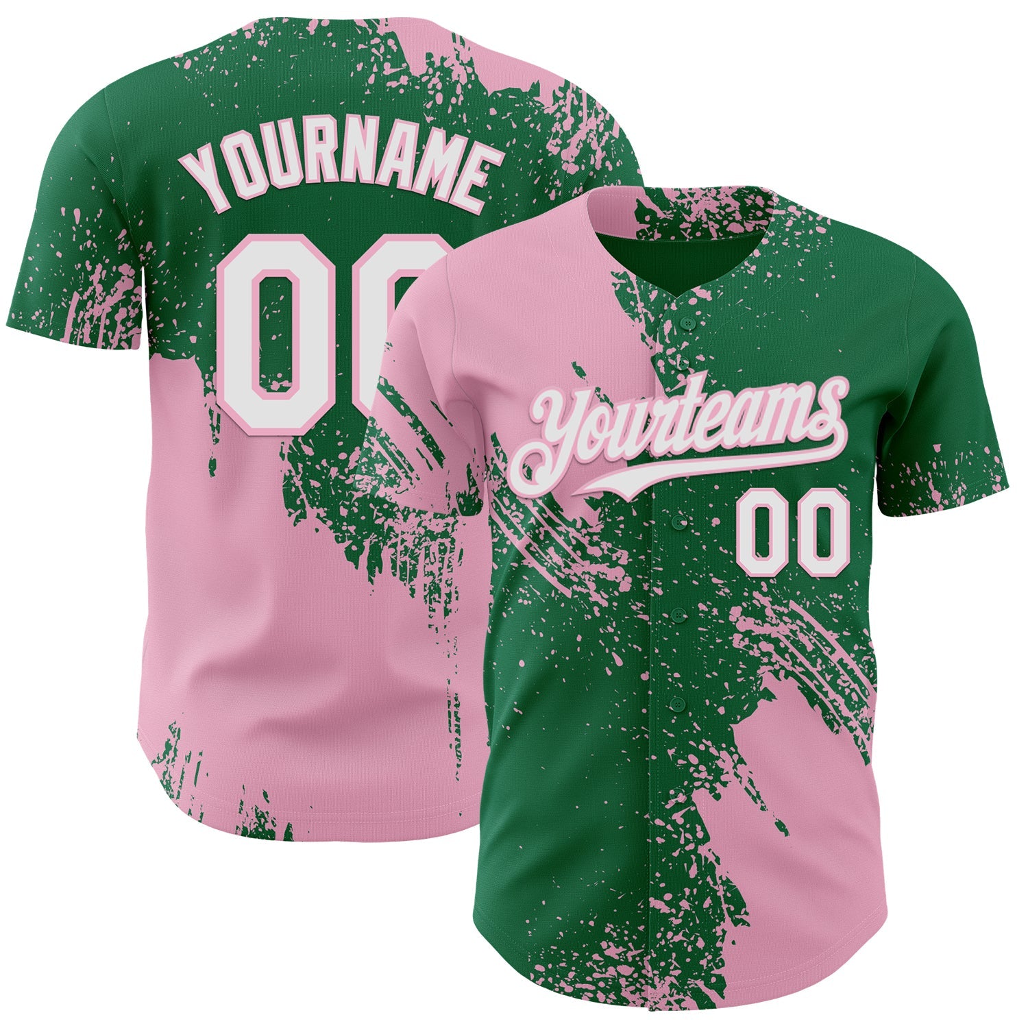 Custom Kelly Green White-Light Pink Abstract Brush Stroke Authentic Baseball Jersey - Main View