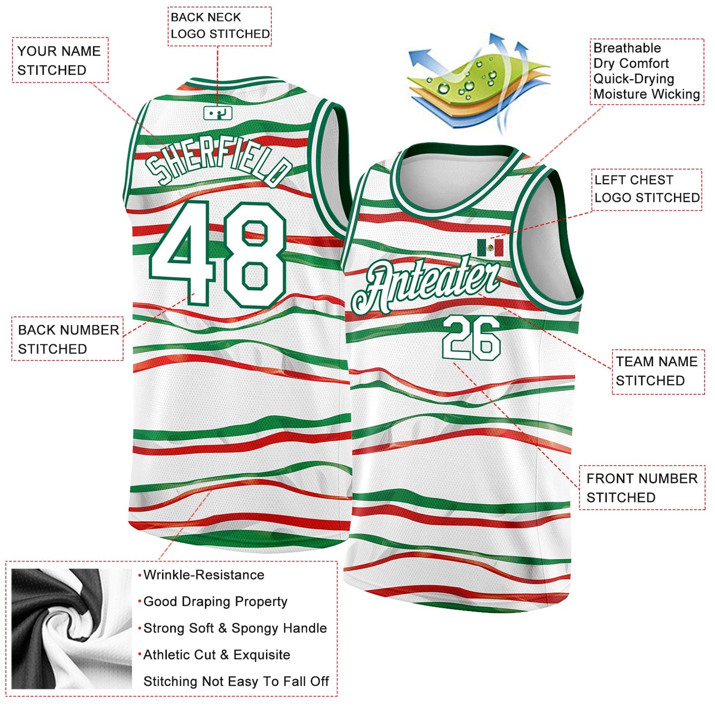 Custom White Kelly Green-Red 3D Mexican Flag Authentic Basketball Jersey view 2