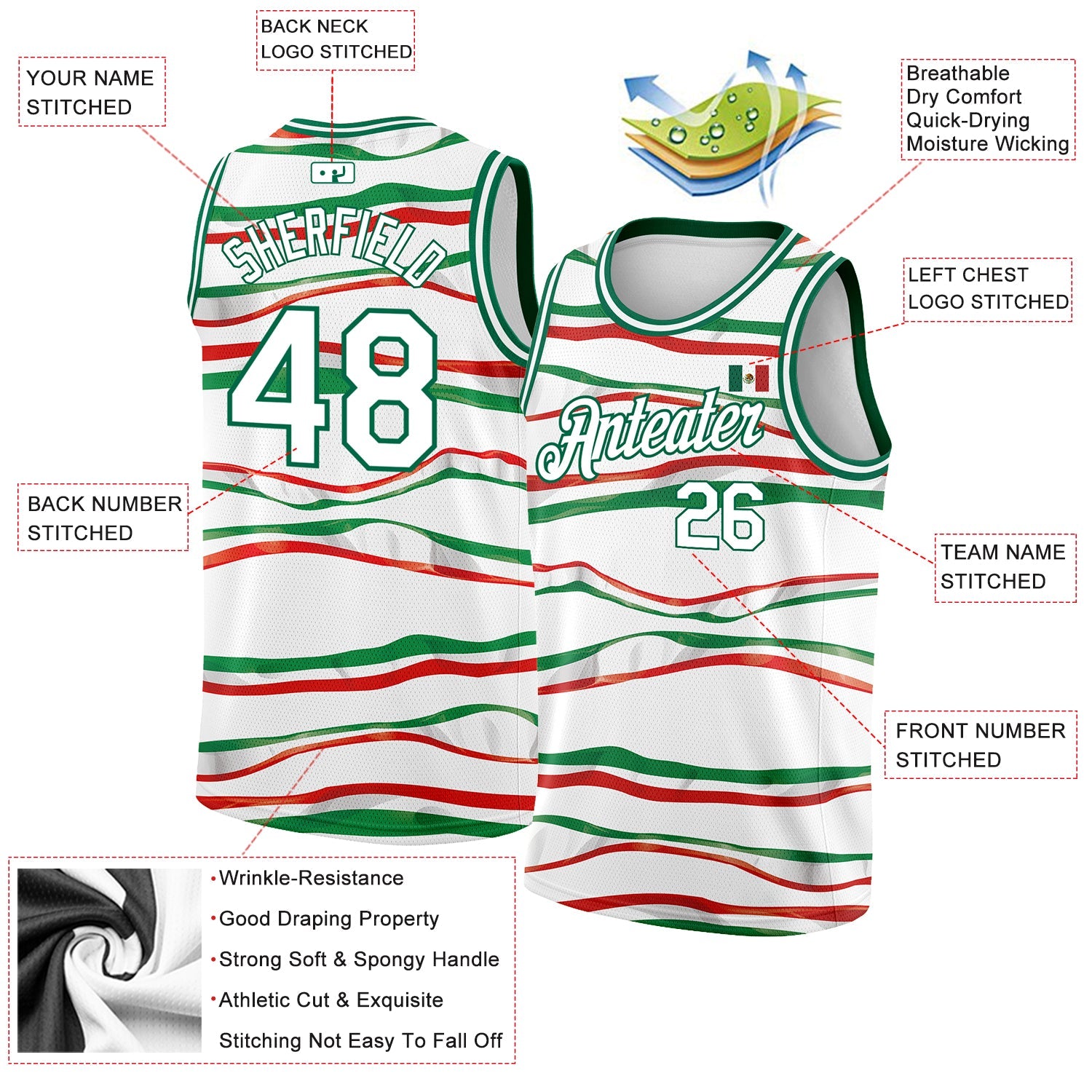 Custom White Kelly Green-Red 3D Mexican Flag Authentic Basketball Jersey view 2