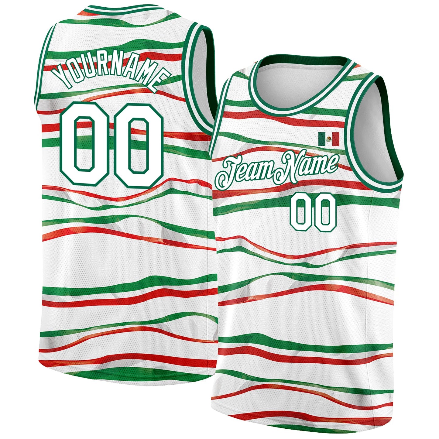 Custom White Kelly Green-Red 3D Mexican Flag Authentic Basketball Jersey - Main View
