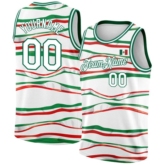 Custom White Kelly Green-Red 3D Mexican Flag Authentic Basketball Jersey - Main View