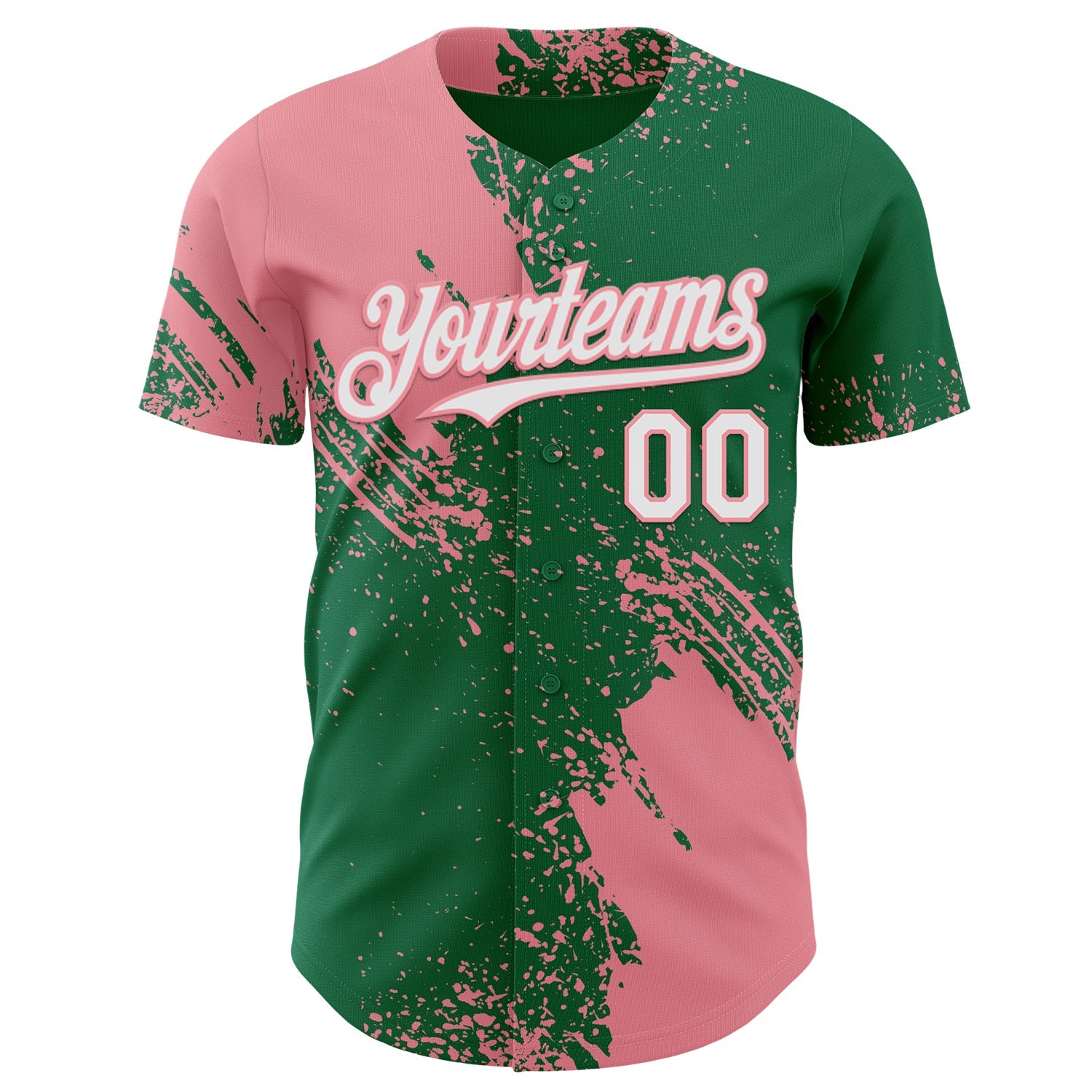 Custom Kelly Green White-Medium Pink Abstract Brush Stroke Authentic Baseball Jersey view 2