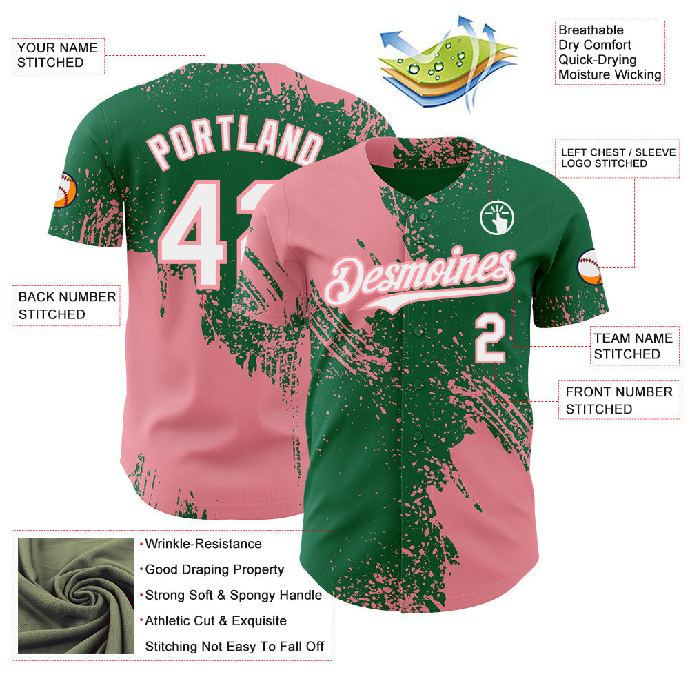 Custom Kelly Green White-Medium Pink Abstract Brush Stroke Authentic Baseball Jersey view 3