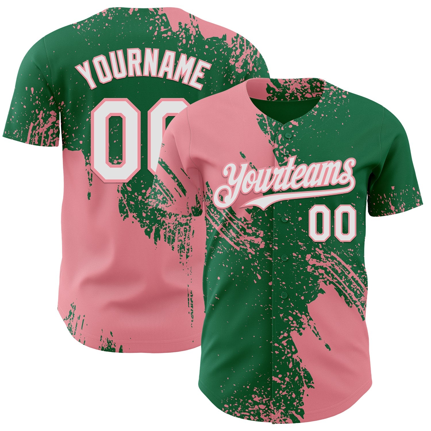 Custom Kelly Green White-Medium Pink Abstract Brush Stroke Authentic Baseball Jersey - Main View