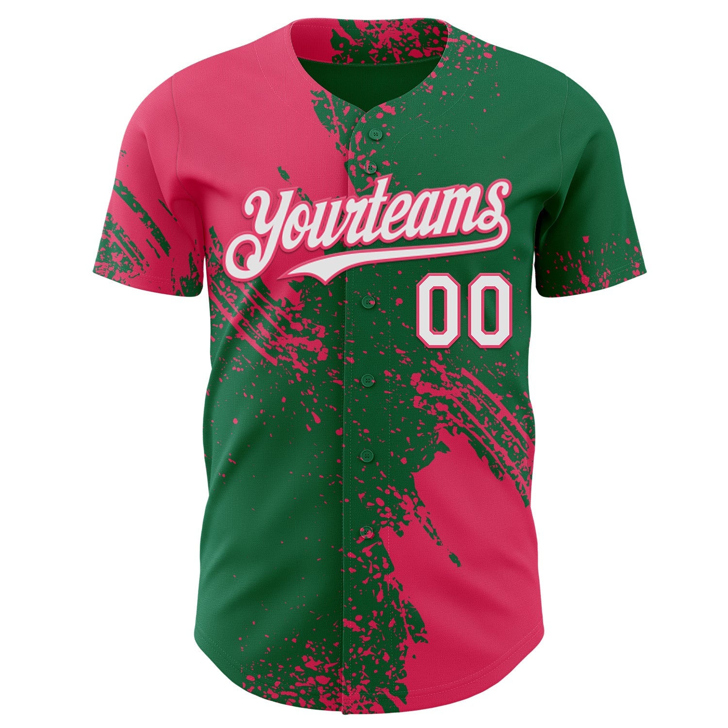 Custom Kelly Green White-Neon Pink Abstract Brush Stroke Authentic Baseball Jersey view 2
