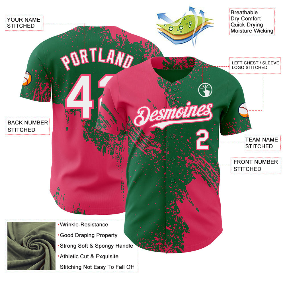 Custom Kelly Green White-Neon Pink Abstract Brush Stroke Authentic Baseball Jersey view 3