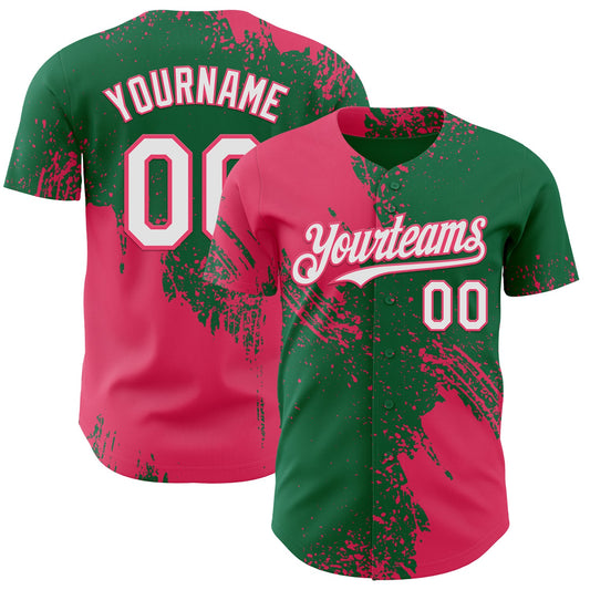 Custom Kelly Green White-Neon Pink Abstract Brush Stroke Authentic Baseball Jersey - Main View